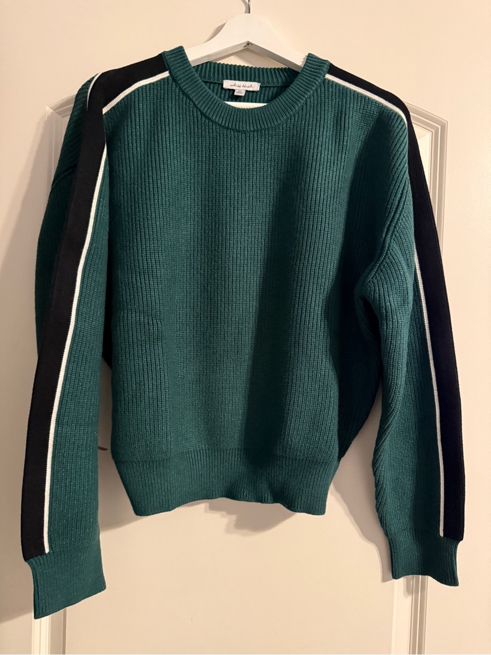 white birch Teal Ribbed Crewneck Sweater with Black & White Shoulder Stripes